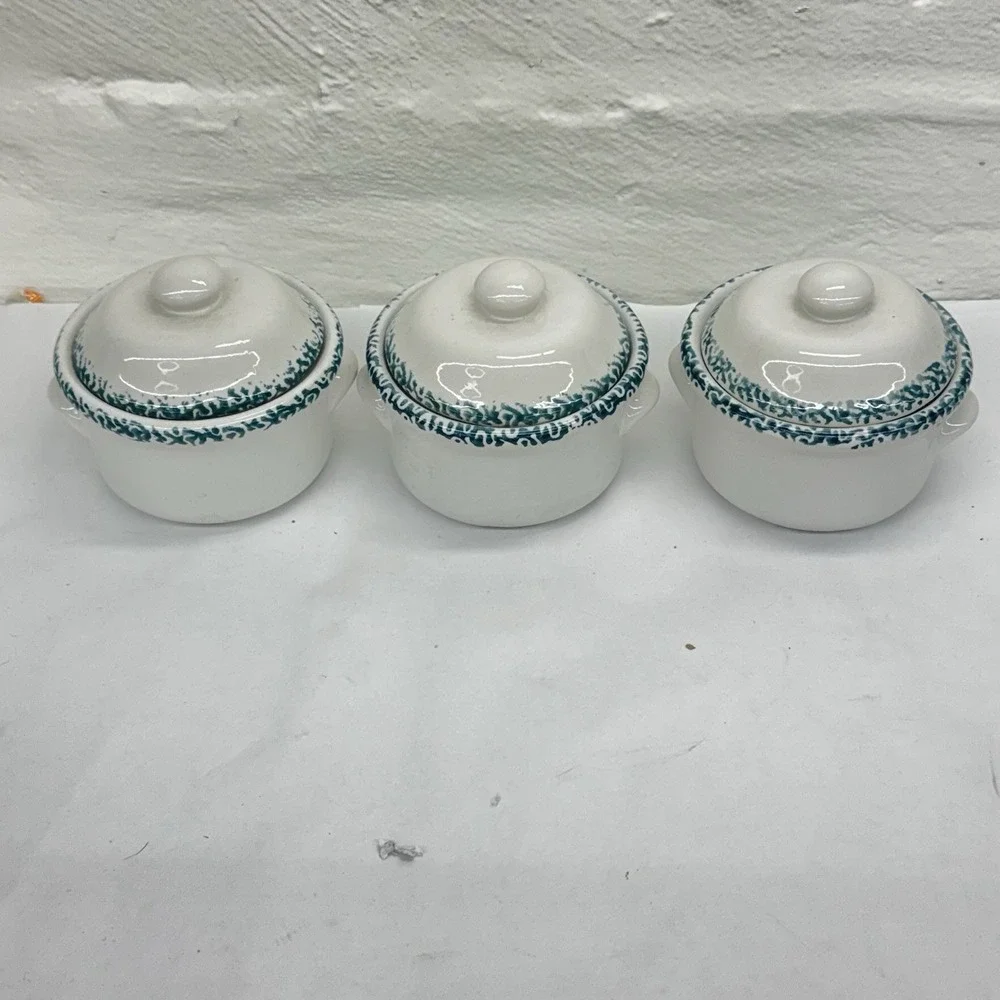 Vintage Set of Spongeware Blue Heart Crock with Lids 3 Country Grandmacore Farm